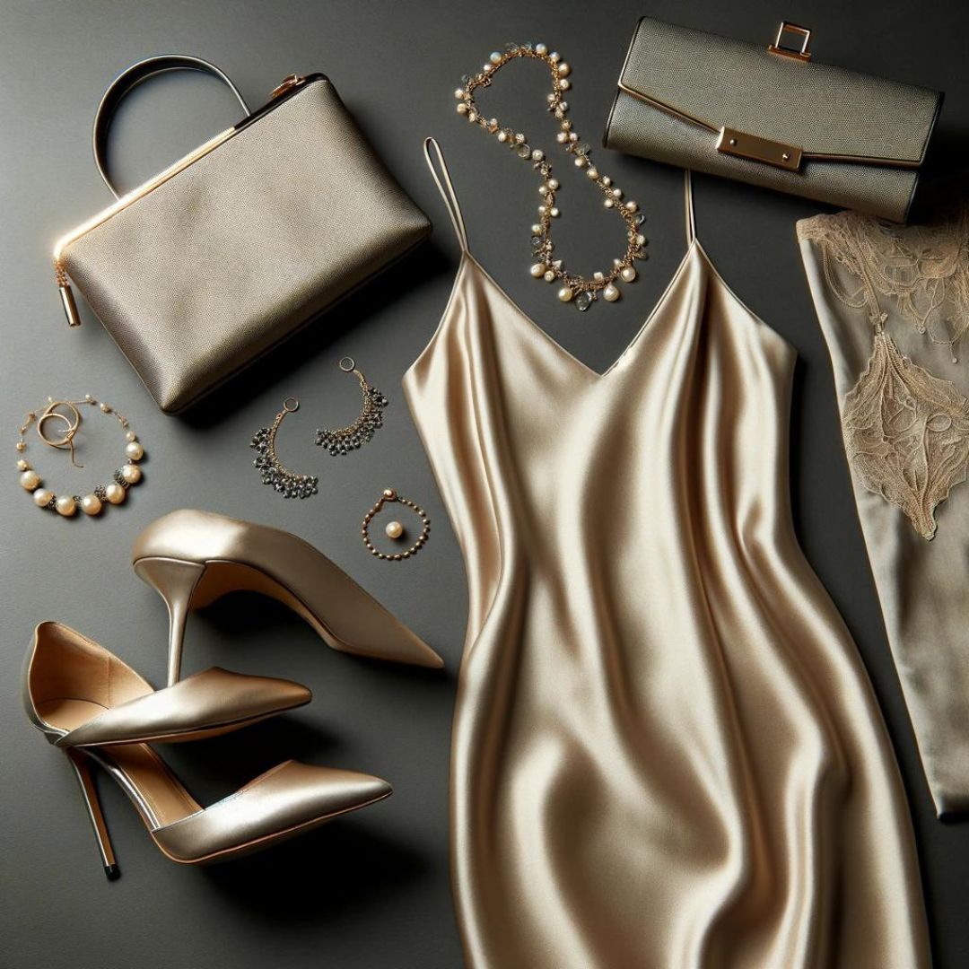 Classic slip dress flatlay with delicate jewellery, heels, and clutch for a sleek date night